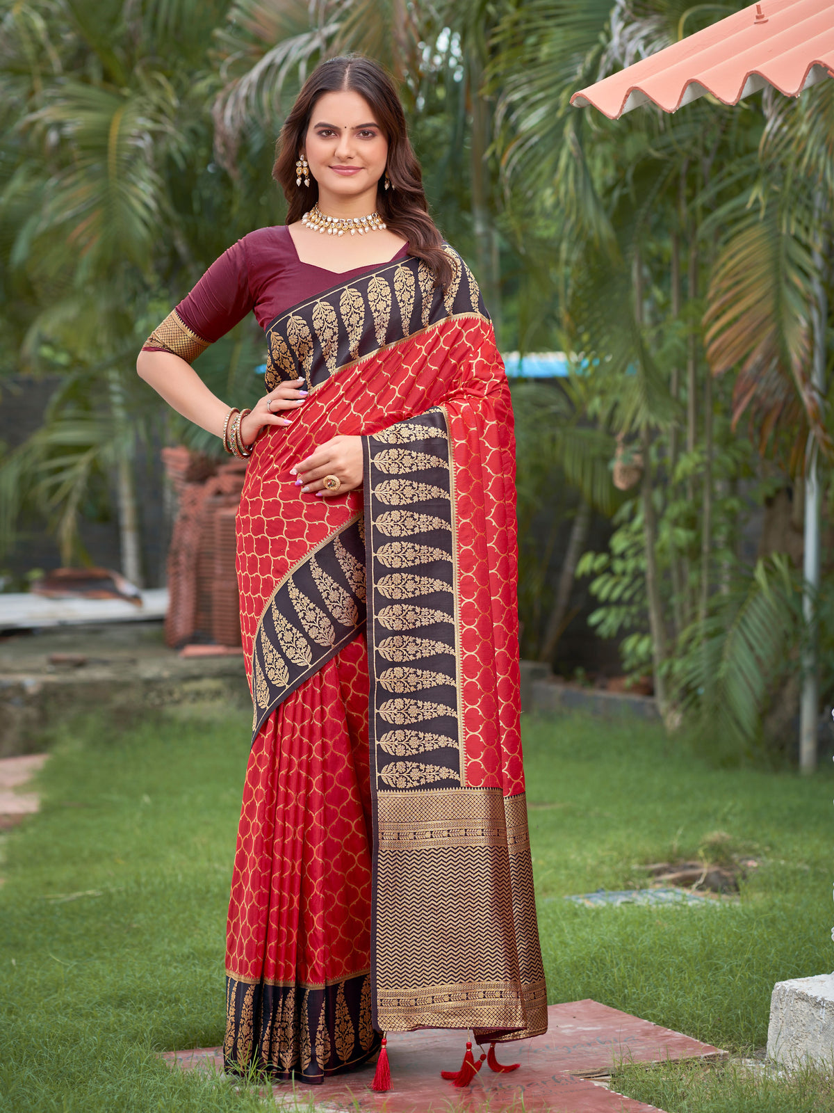 Crimson Red & Dark Wine Woven Jacquard Silk Saree with Blouse Piece