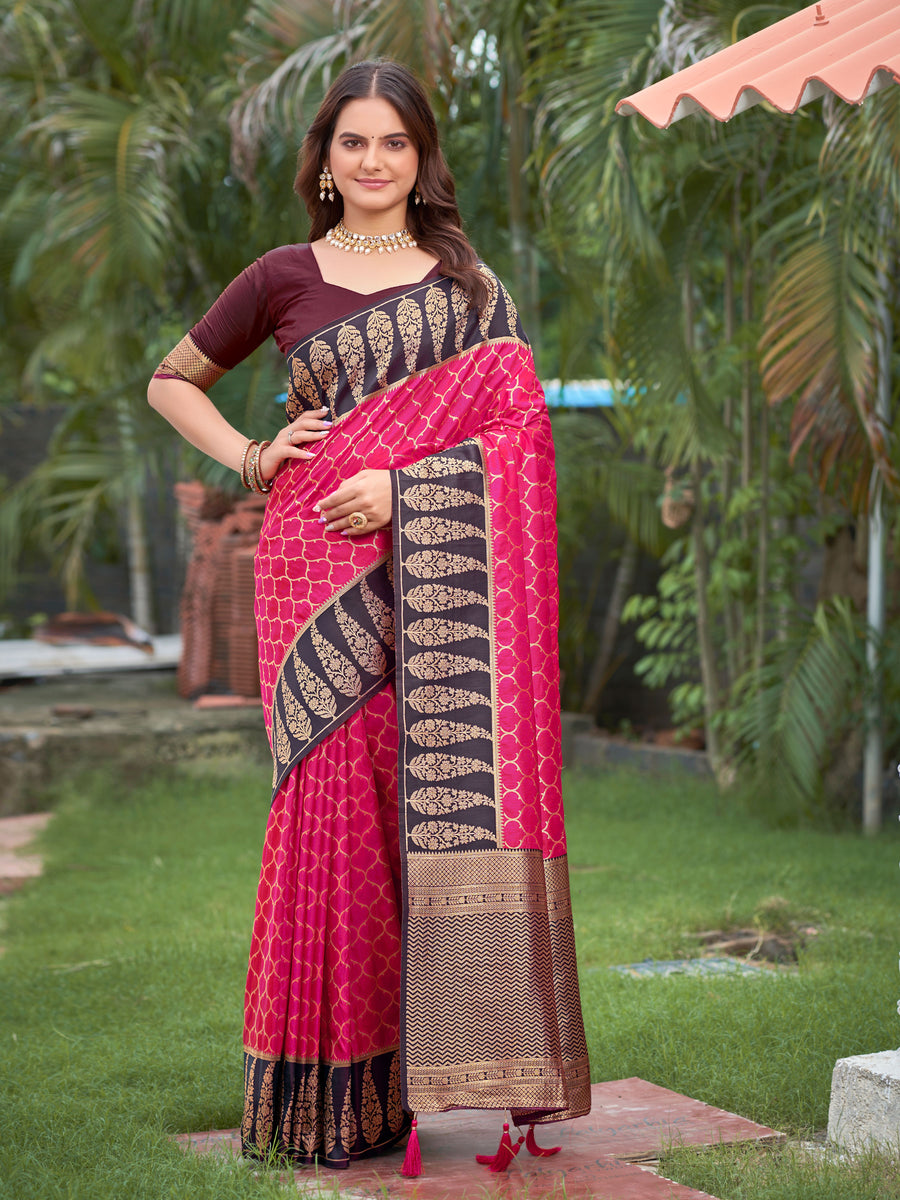 Rani Pink & Dark Wine Woven Jacquard Silk Saree with Blouse Piece