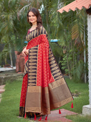 Crimson Red & Dark Wine Woven Jacquard Silk Saree with Blouse Piece