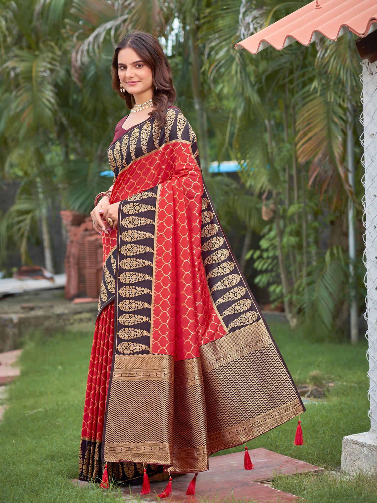 Crimson Red & Dark Wine Woven Jacquard Silk Saree with Blouse Piece