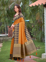 Mustard Yellow & Dark Wine Woven Jacquard Silk Saree with Blouse Piece
