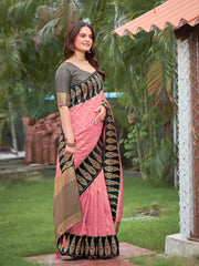 Elegant Pink & Black Jacquard Silk Saree with Zari Woven Paisley Border & Blouse Piece