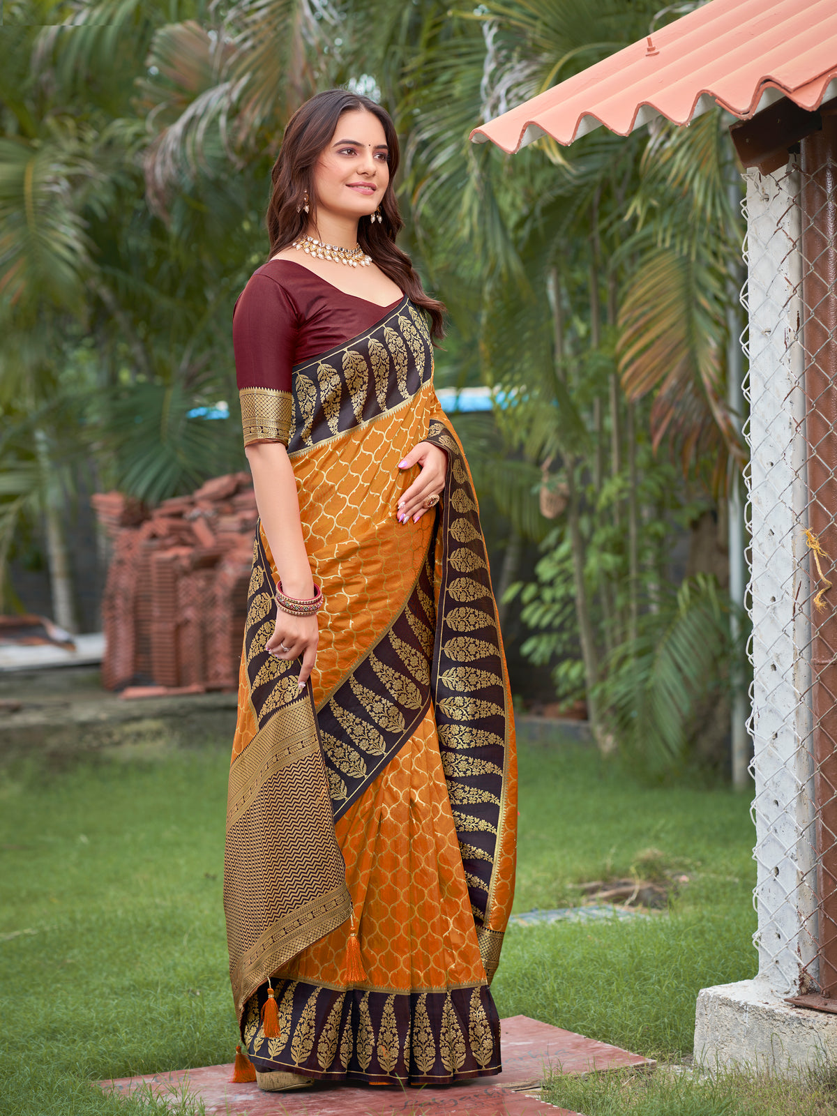 Mustard Yellow & Dark Wine Woven Jacquard Silk Saree with Blouse Piece