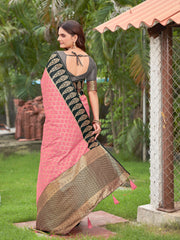 Elegant Pink & Black Jacquard Silk Saree with Zari Woven Paisley Border & Blouse Piece