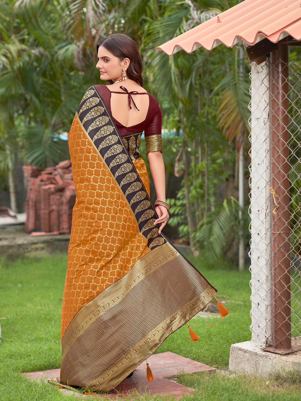 Mustard Yellow & Dark Wine Woven Jacquard Silk Saree with Blouse Piece
