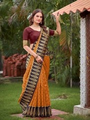Vibrant Mustard Yellow Jacquard Silk Saree with Dark Brown Zari Paisley Woven Border & Blouse Piece