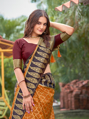 Mustard Yellow & Dark Wine Woven Jacquard Silk Saree with Blouse Piece