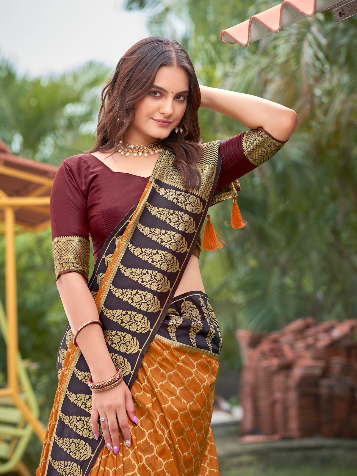 Mustard Yellow & Dark Wine Woven Jacquard Silk Saree with Blouse Piece