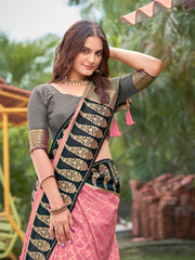 Baby Pink & Charcoal Grey Woven Jacquard Silk Saree with Blouse Piece