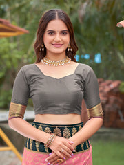 Baby Pink & Charcoal Grey Woven Jacquard Silk Saree with Blouse Piece