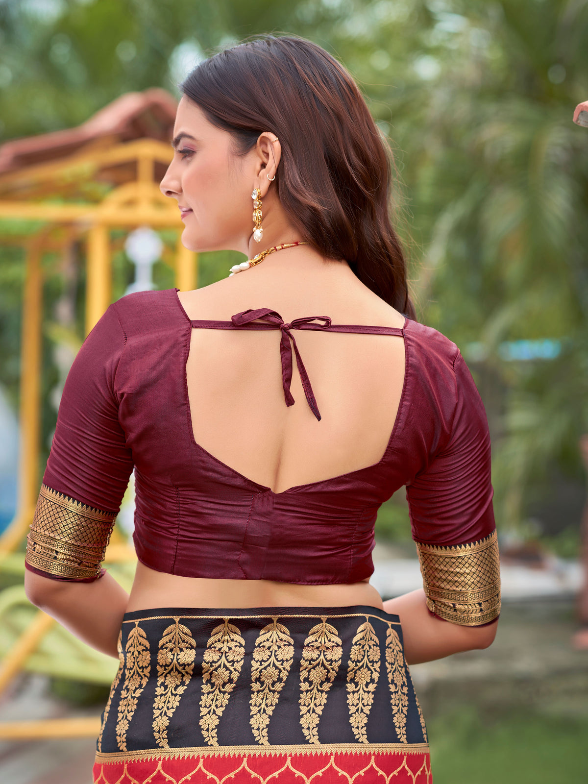 Crimson Red & Dark Wine Woven Jacquard Silk Saree with Blouse Piece