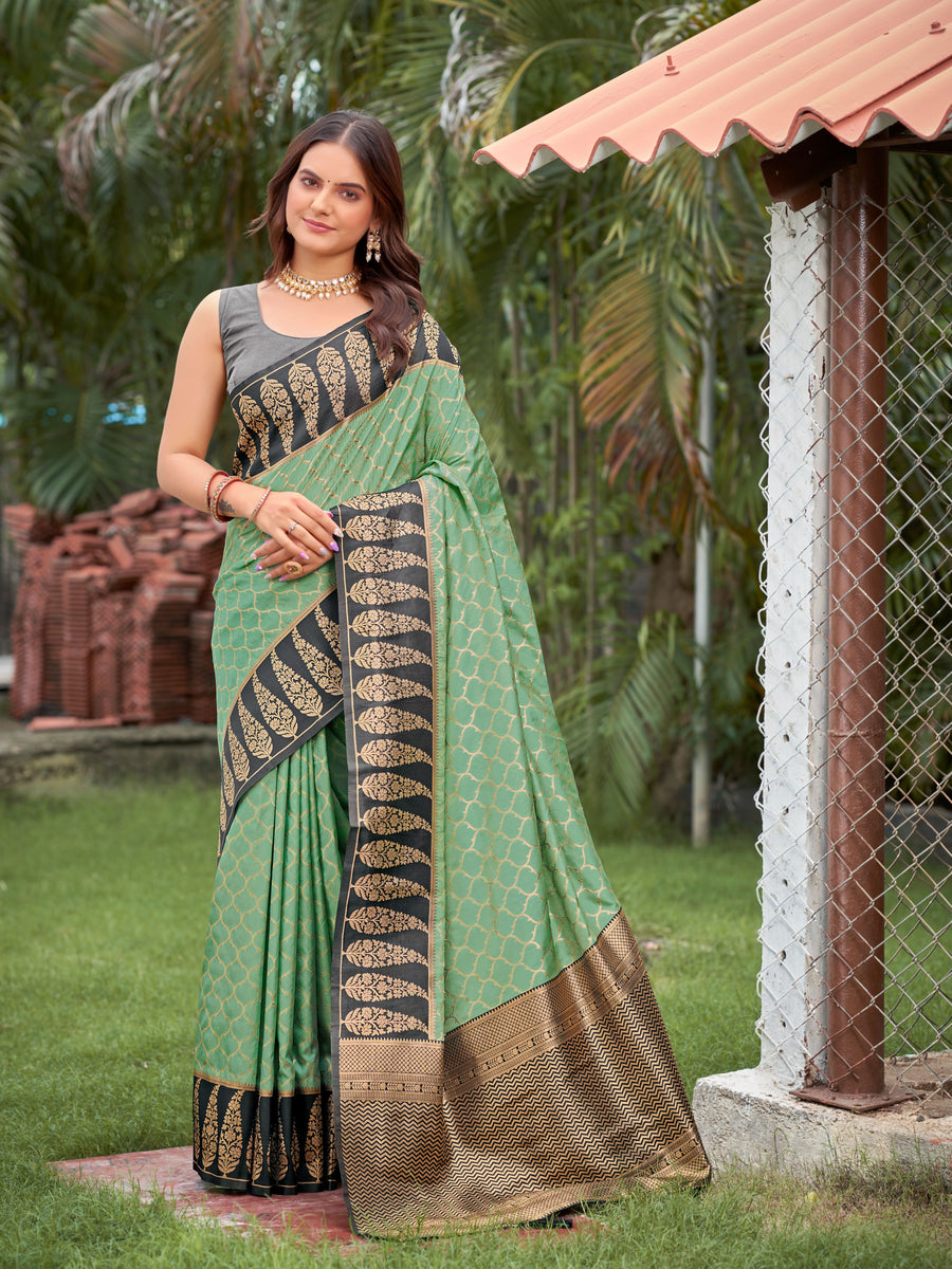Sea Green & Charcoal Grey Woven Jacquard Silk Saree with Blouse Piece