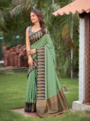 Sea Green & Charcoal Grey Woven Jacquard Silk Saree with Blouse Piece
