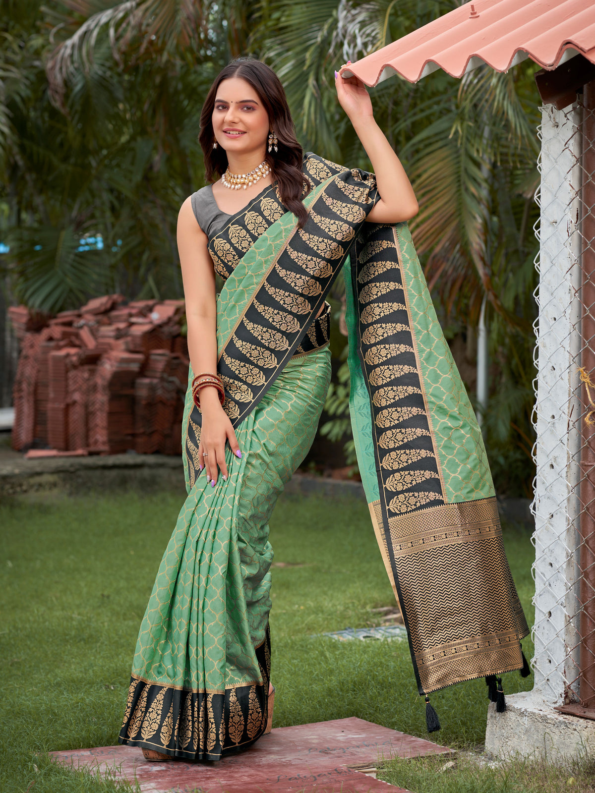 Sea Green & Charcoal Grey Woven Jacquard Silk Saree with Blouse Piece