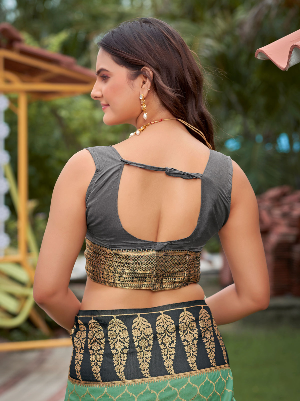Sea Green & Charcoal Grey Woven Jacquard Silk Saree with Blouse Piece