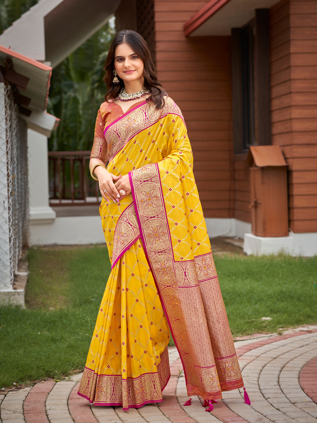 Mustard Yellow & Rani Pink Woven Jacquard Silk Saree with Blouse Piece
