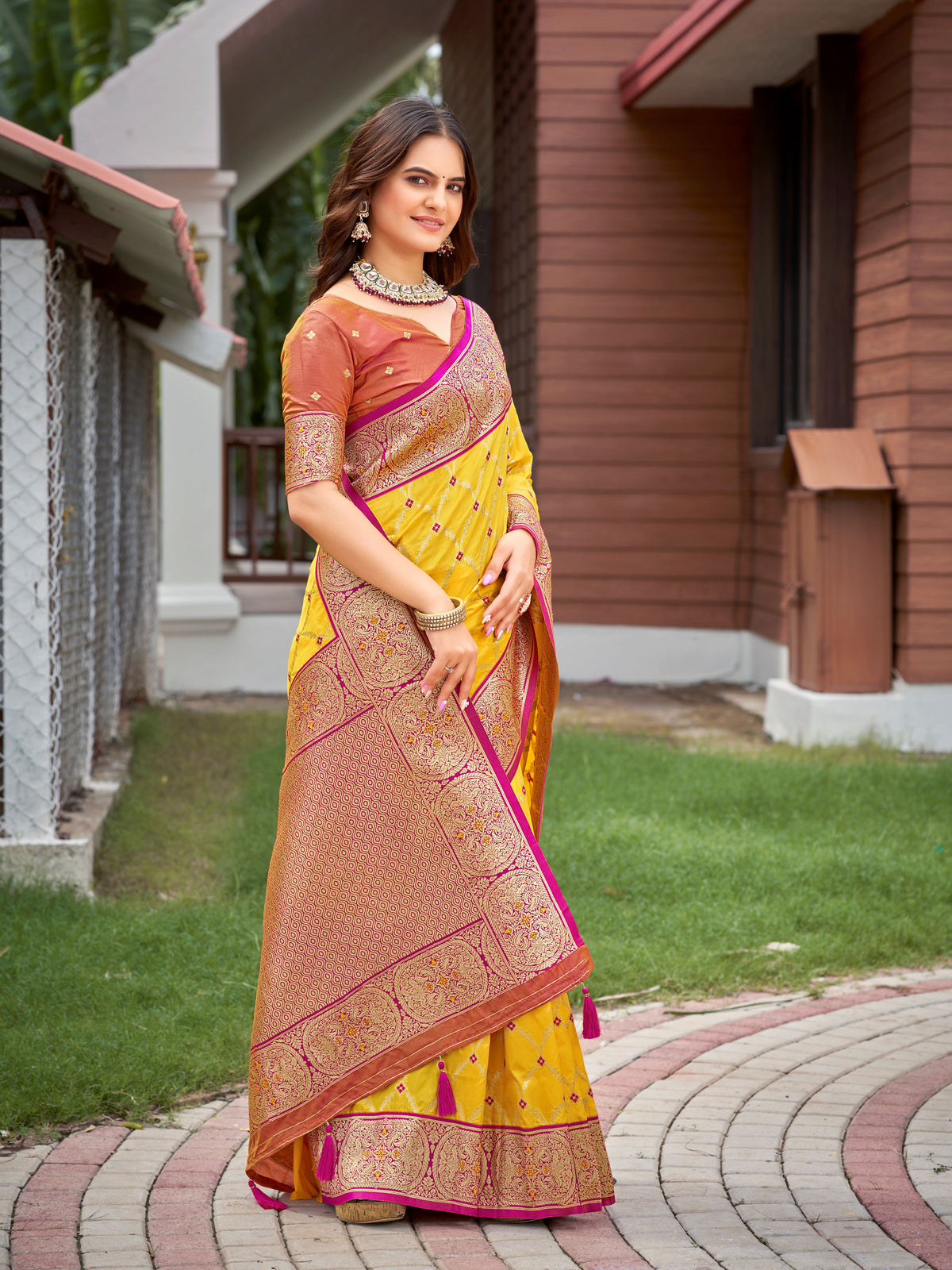 Bright Yellow & Magenta Pink Woven Jacquard Silk Saree with Blouse Piece