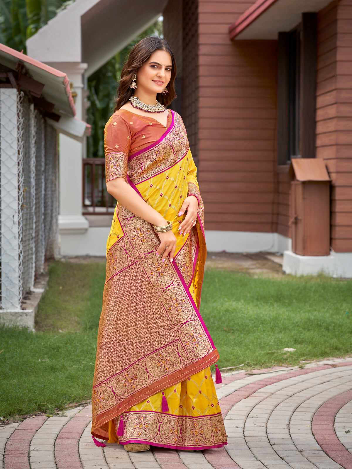 Mustard Yellow & Rani Pink Woven Jacquard Silk Saree with Blouse Piece