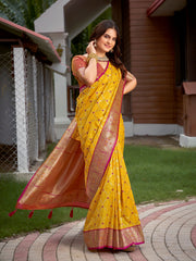 Bright Yellow & Magenta Pink Woven Jacquard Silk Saree with Blouse Piece