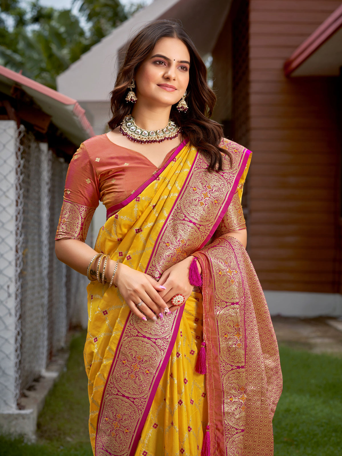 Bright Yellow & Magenta Pink Woven Jacquard Silk Saree with Blouse Piece