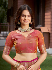 Bright Yellow & Magenta Pink Woven Jacquard Silk Saree with Blouse Piece