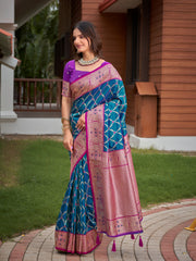 Peacock Blue & Purple Pink Woven Jacquard Silk Saree with Blouse Piece