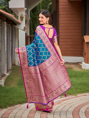 Peacock Blue & Purple Pink Woven Jacquard Silk Saree with Blouse Piece