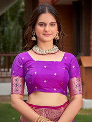 Peacock Blue & Purple Pink Woven Jacquard Silk Saree with Blouse Piece