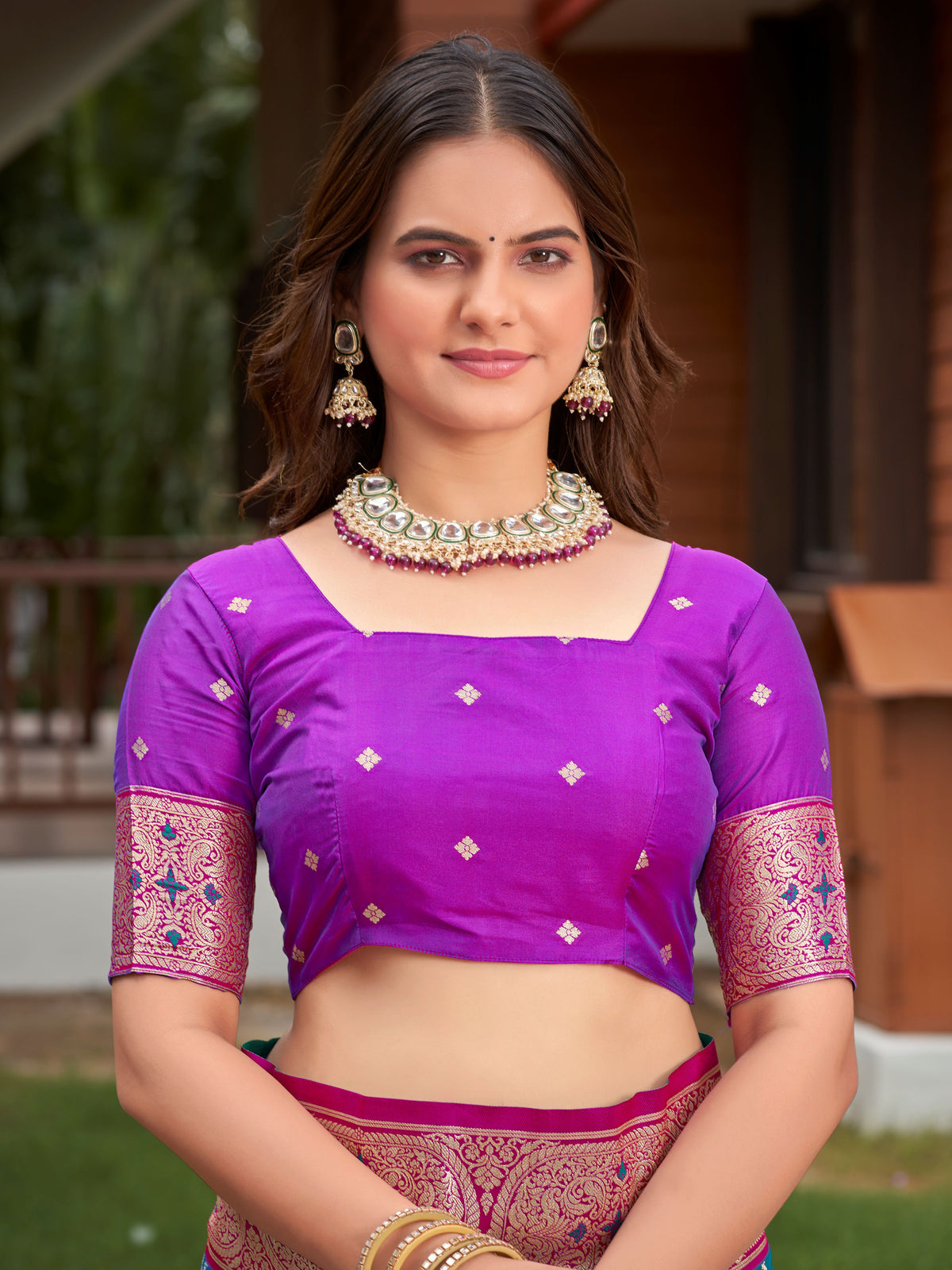 Peacock Blue & Purple Pink Woven Jacquard Silk Saree with Blouse Piece