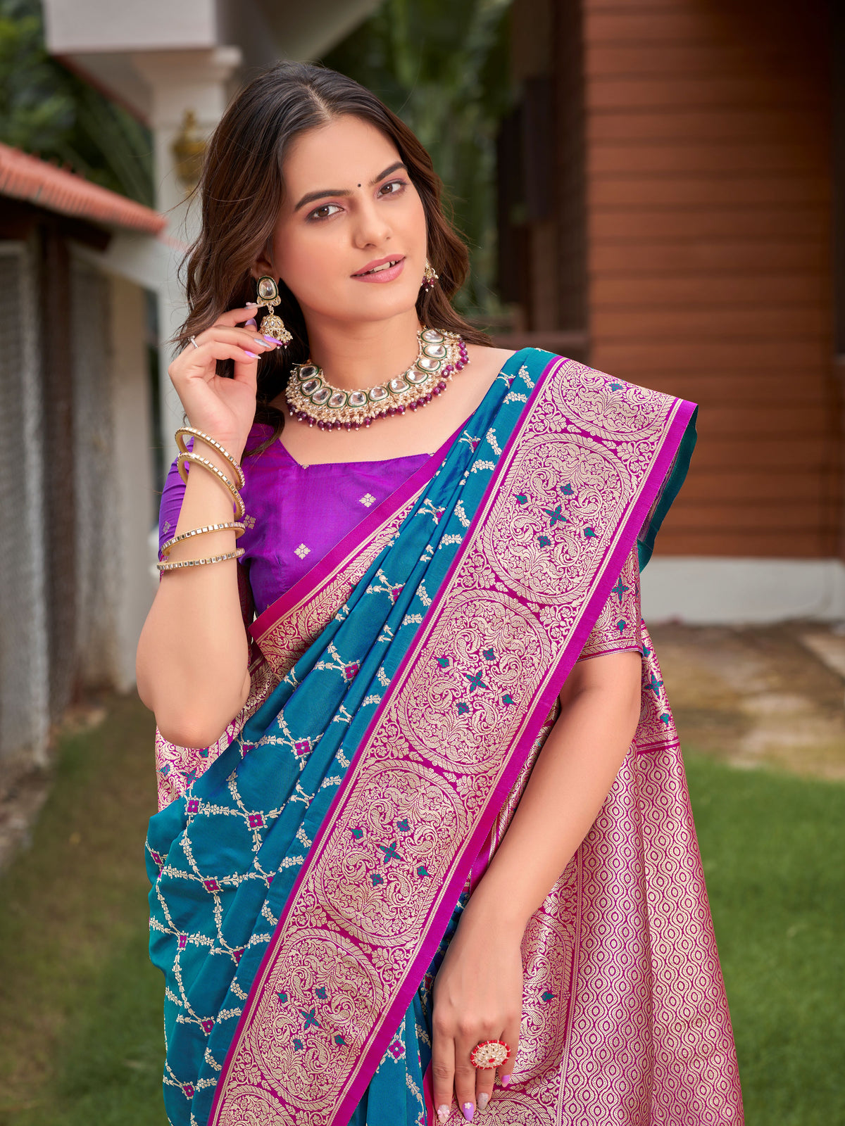 Peacock Blue & Purple Pink Woven Jacquard Silk Saree with Blouse Piece