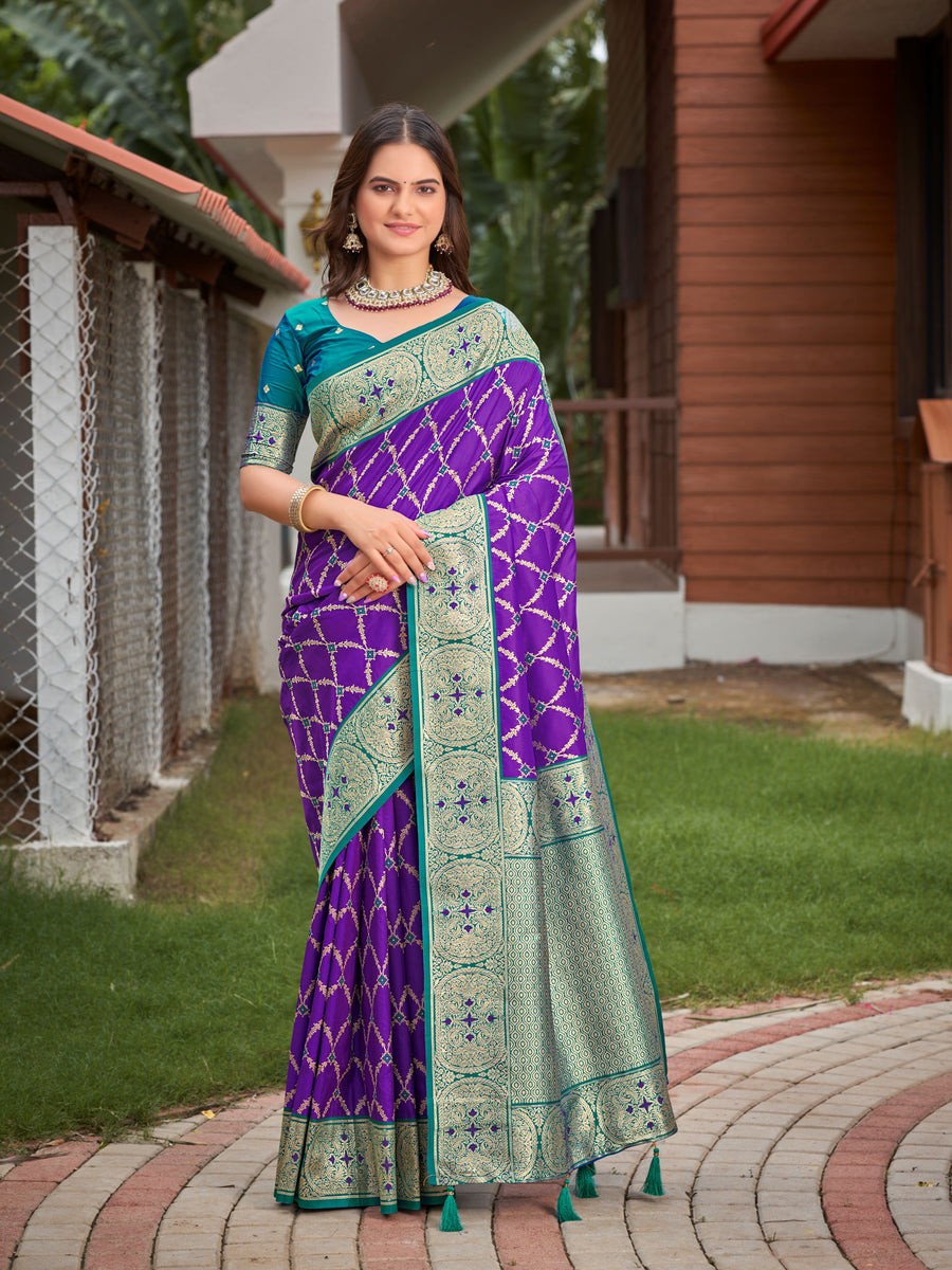 Royal Purple & Peacock Green Woven Jacquard Silk Saree with Blouse Piece