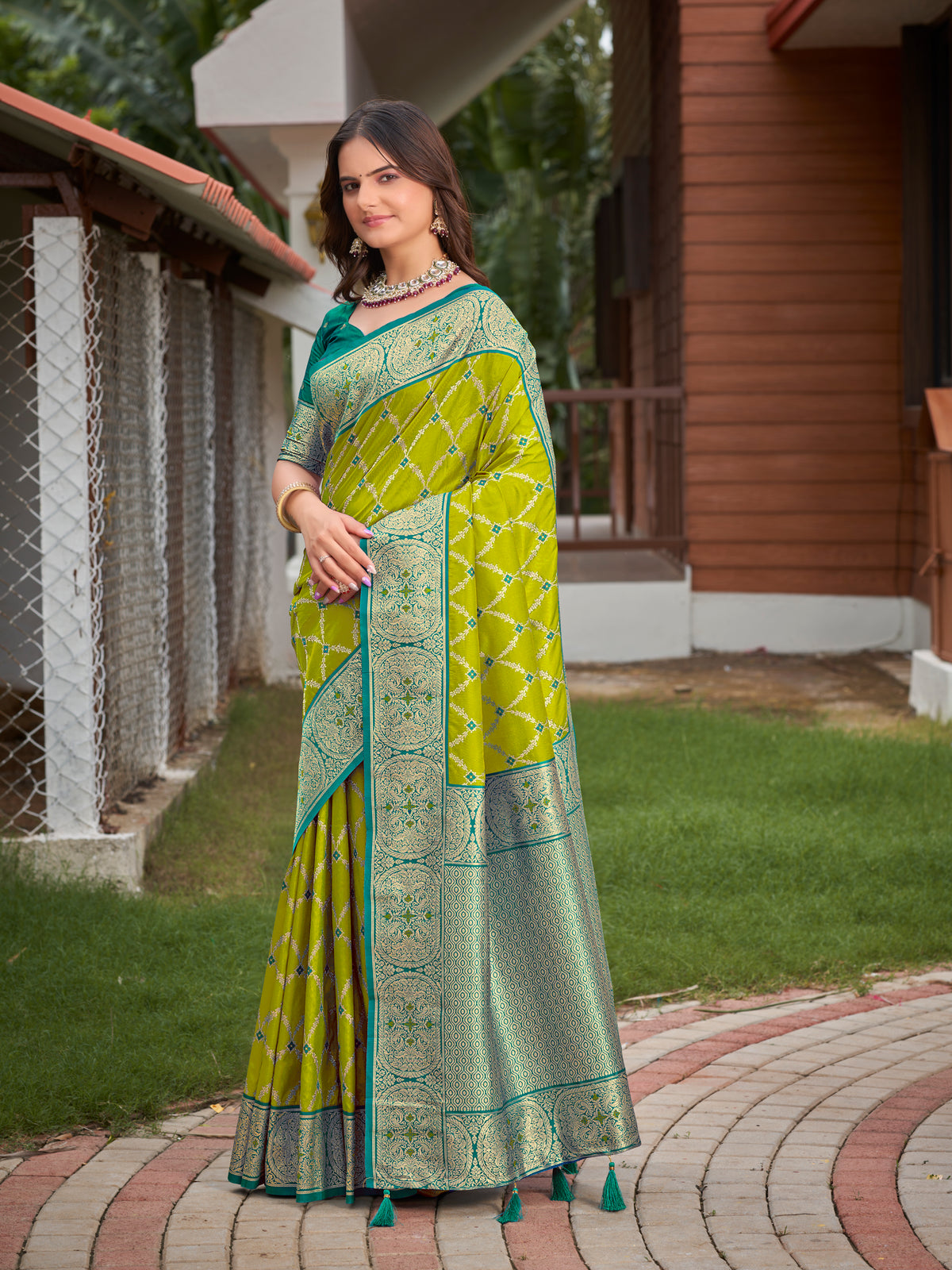 Lime Green & Peacock Teal Blue Woven Jacquard Silk Saree with Blouse Piece