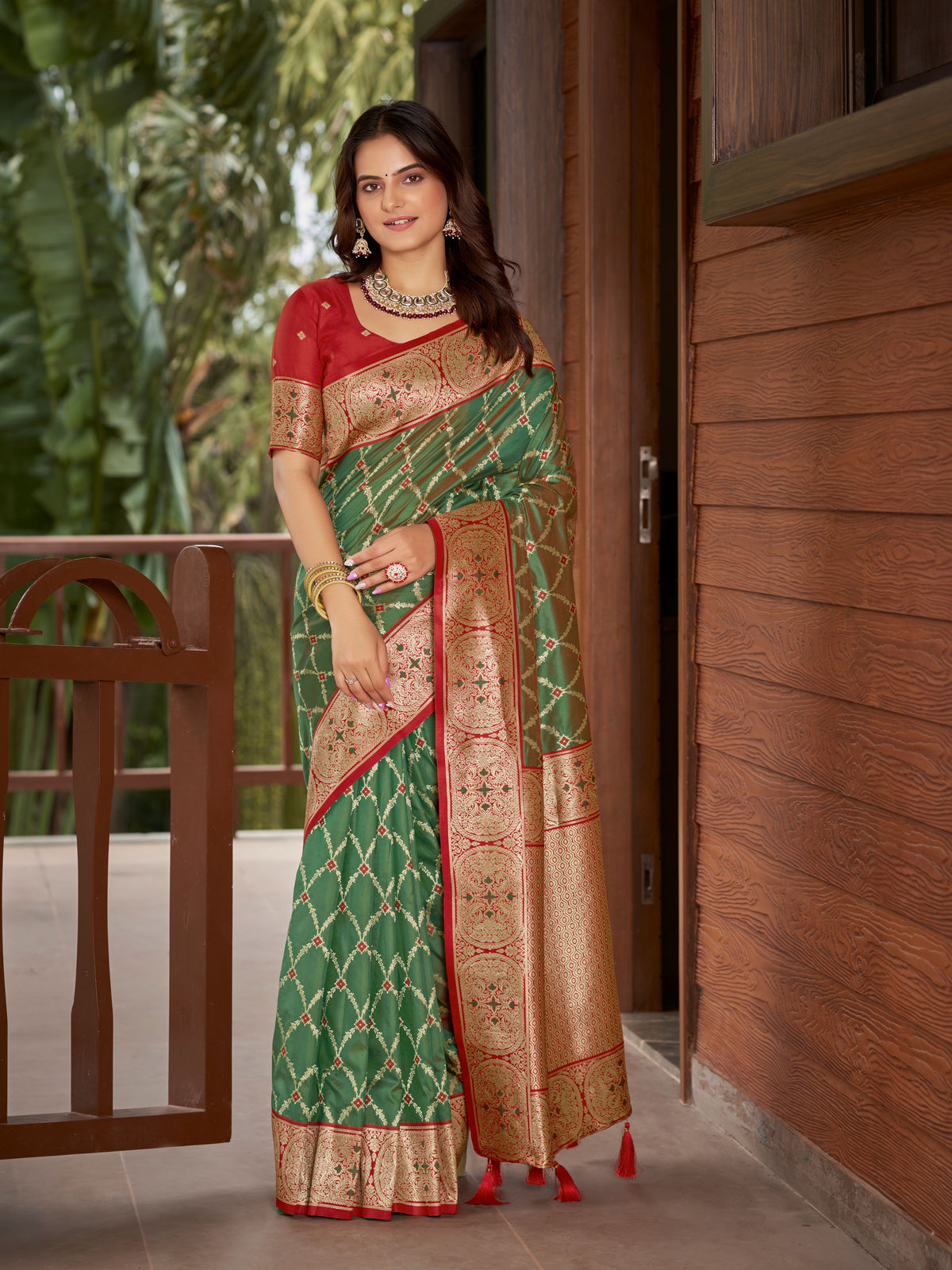 Olive Green & Maroon Red Woven Jacquard Silk Saree with Blouse Piece