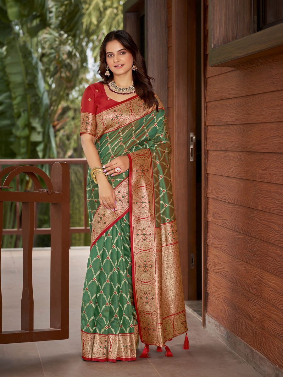 Olive Green & Maroon Red Woven Jacquard Silk Saree with Blouse Piece