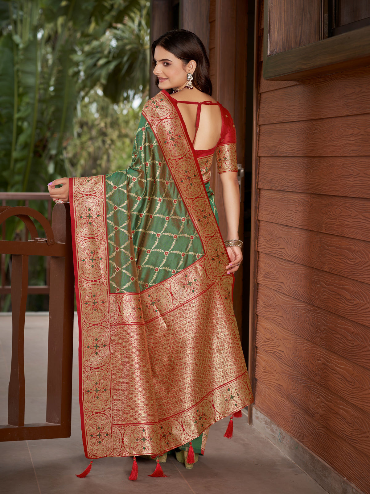 Olive Green & Maroon Red Woven Jacquard Silk Saree with Blouse Piece