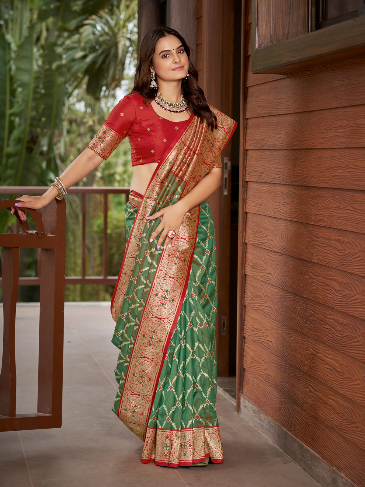 Olive Green & Maroon Red Woven Jacquard Silk Saree with Blouse Piece