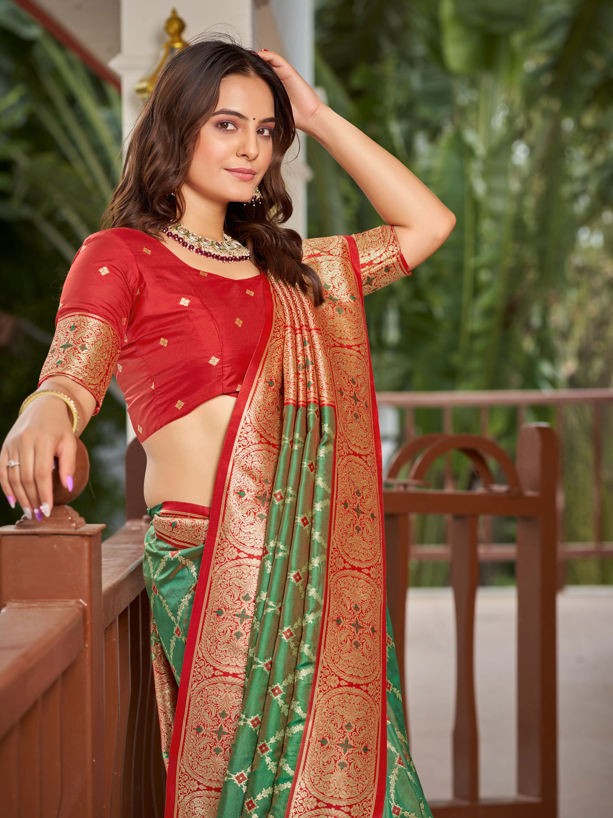 Olive Green & Maroon Red Woven Jacquard Silk Saree with Blouse Piece