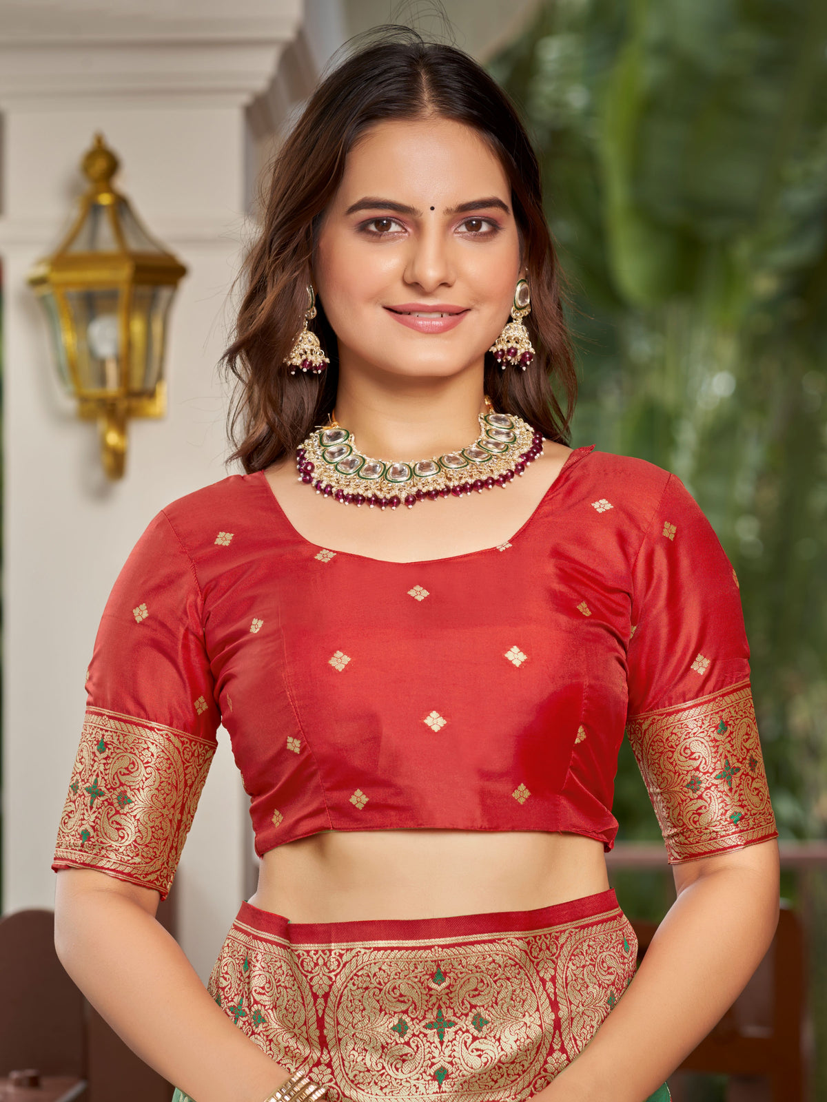 Olive Green & Maroon Red Woven Jacquard Silk Saree with Blouse Piece