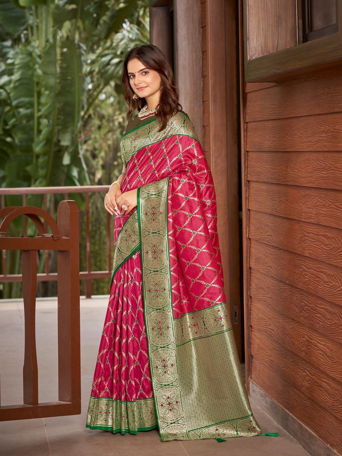 Rani Pink & Emerald Green Woven Jacquard Silk Saree with Blouse Piece