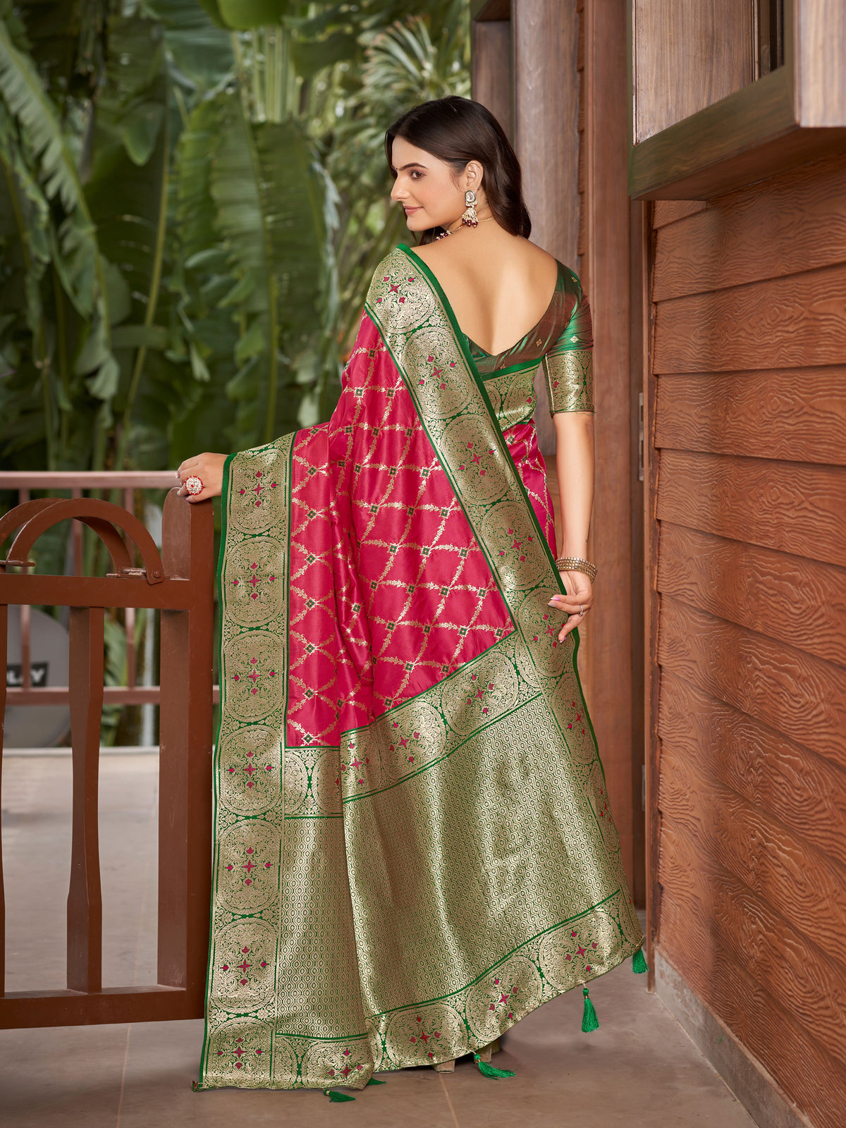 Rani Pink & Emerald Green Woven Jacquard Silk Saree with Blouse Piece
