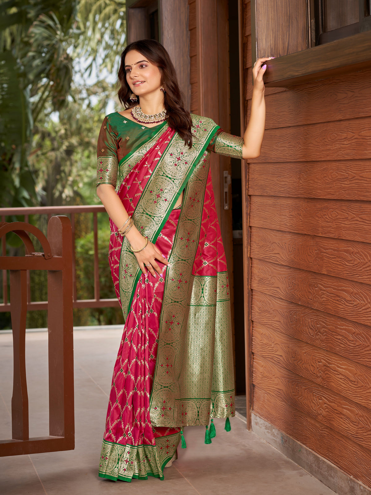 Rani Pink & Emerald Green Woven Jacquard Silk Saree with Blouse Piece