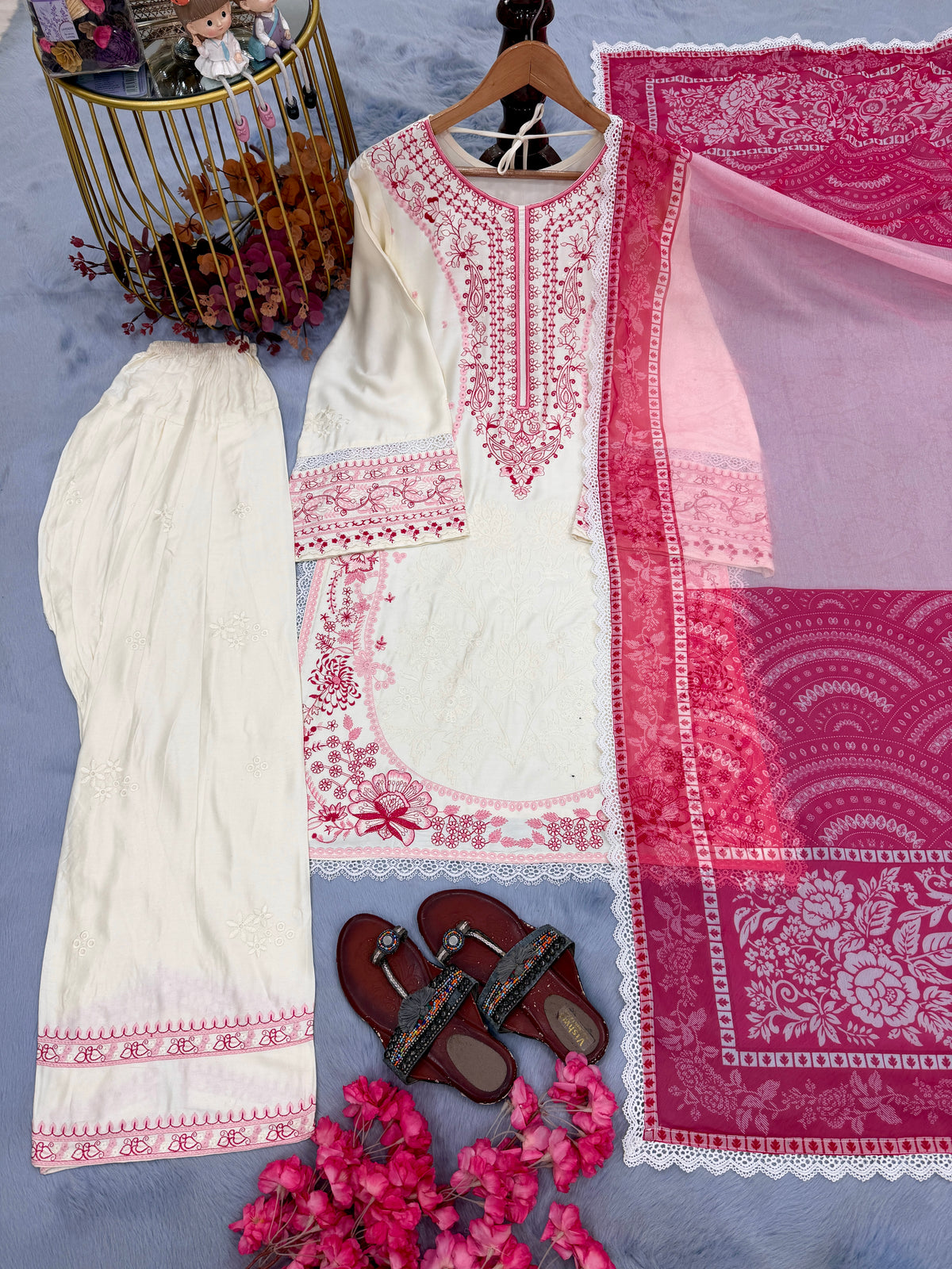 Women’s White Satin Rayon Embroidered  Farshi Palazzo Suit Set