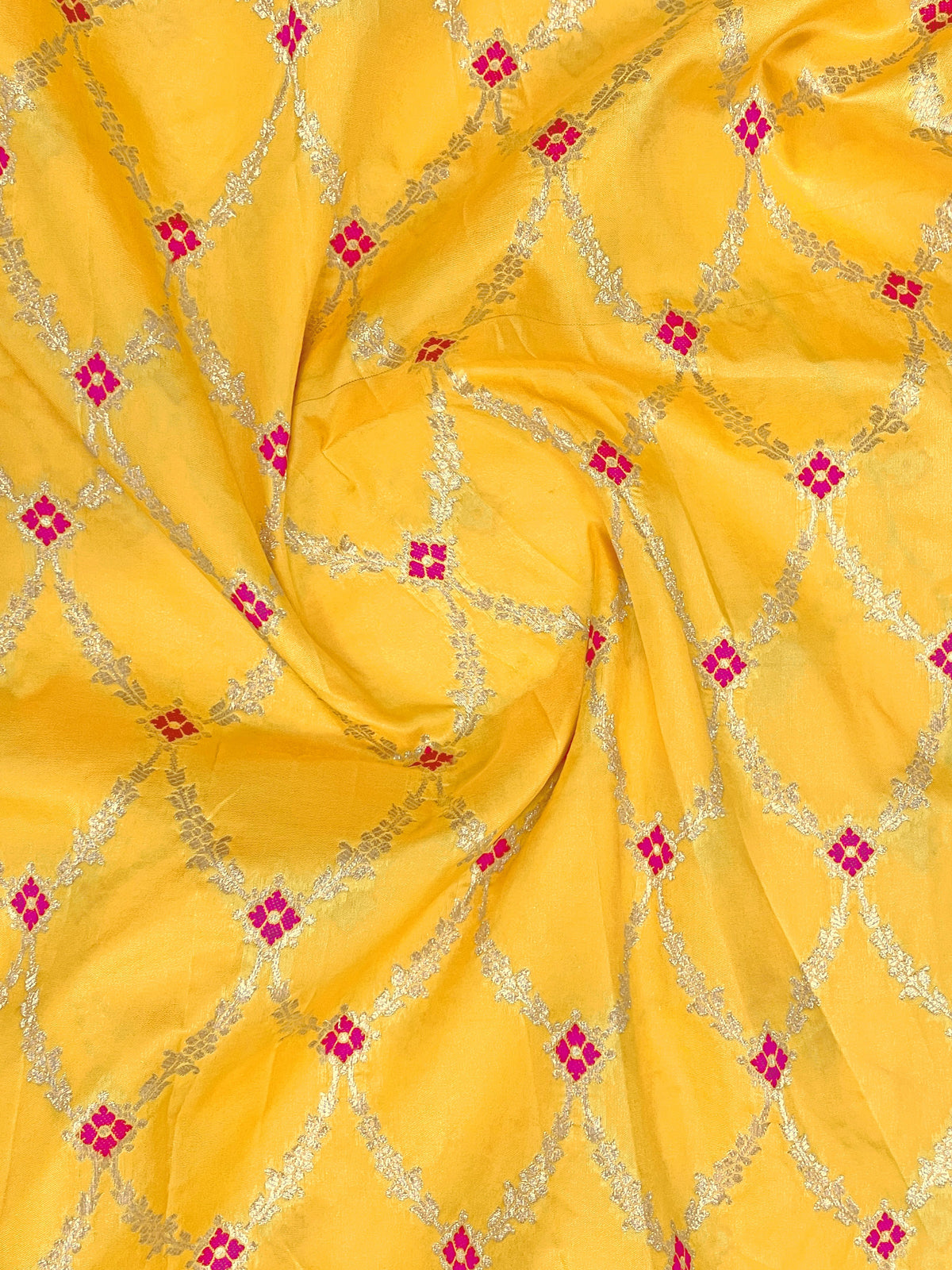 Bright Yellow & Magenta Pink Woven Jacquard Silk Saree with Blouse Piece