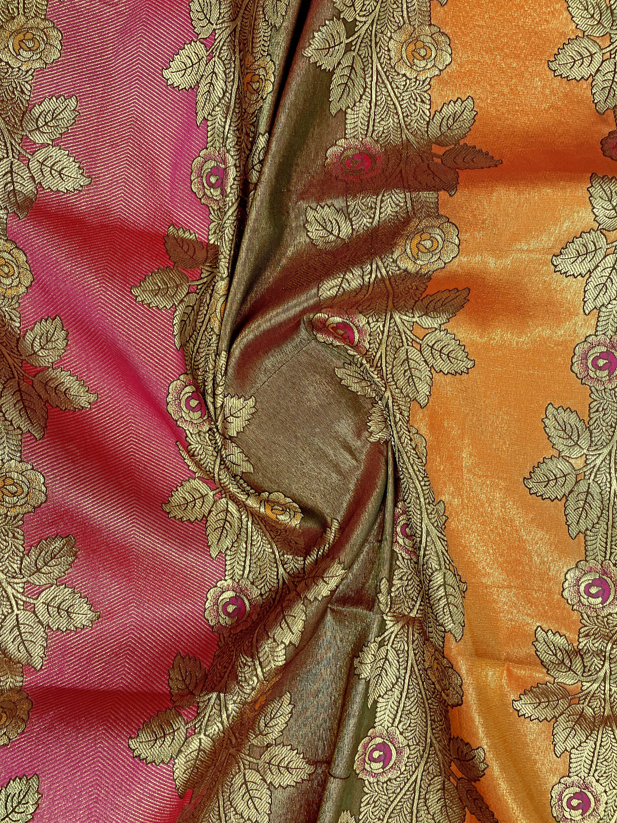 Multi-Color Mustard, Rani Pink & Olive Brown Woven Jacquard Silk Saree with Blouse Piece