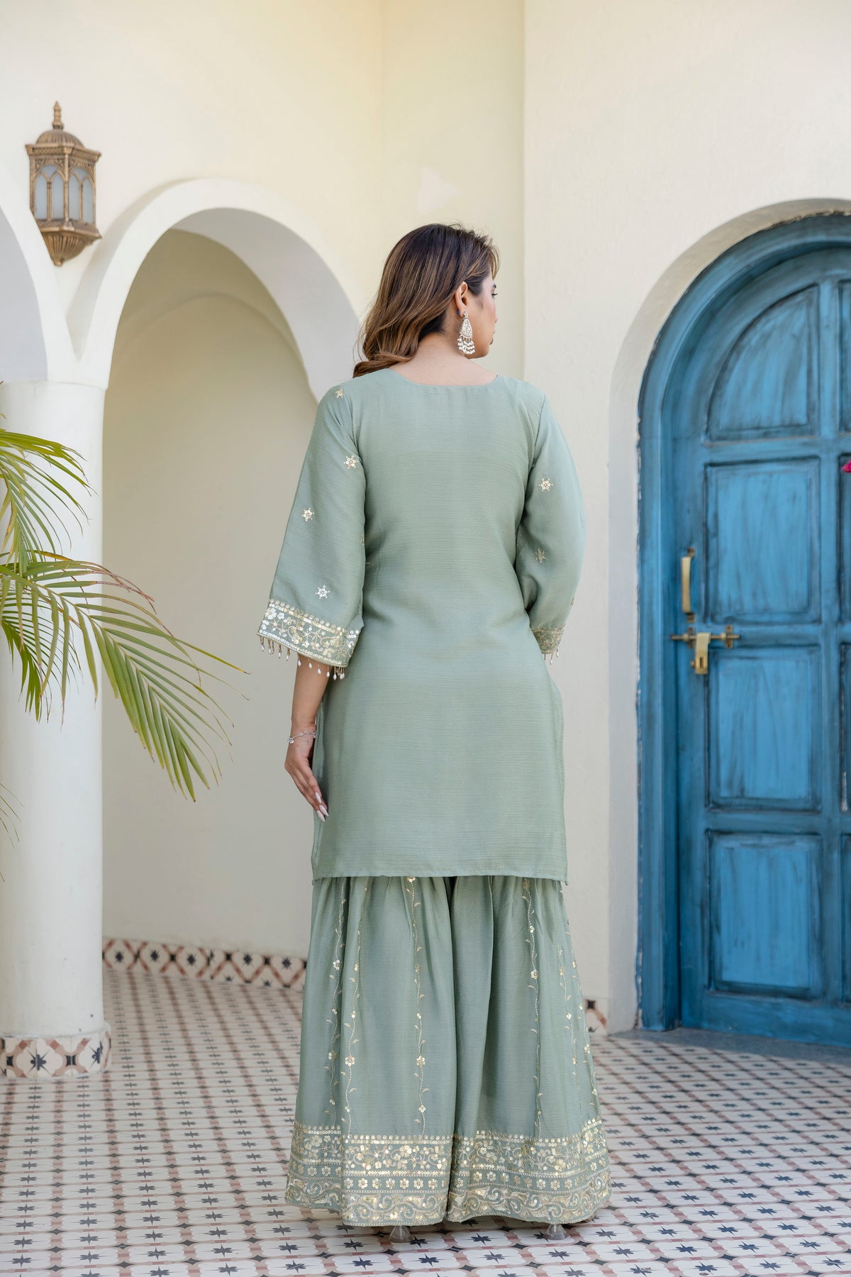Designer Sage Green Chinon Kurti Sharara Dupatta Set