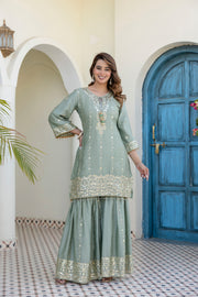 Designer Sage Green Chinon Kurti Sharara Dupatta Set