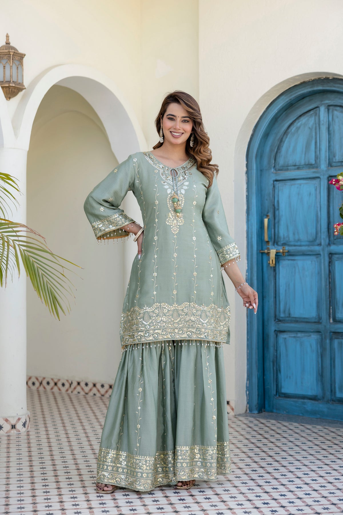 Designer Sage Green Chinon Kurti Sharara Dupatta Set