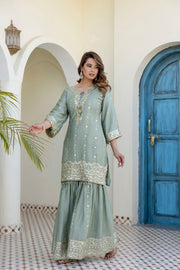 Designer Sage Green Chinon Kurti Sharara Dupatta Set
