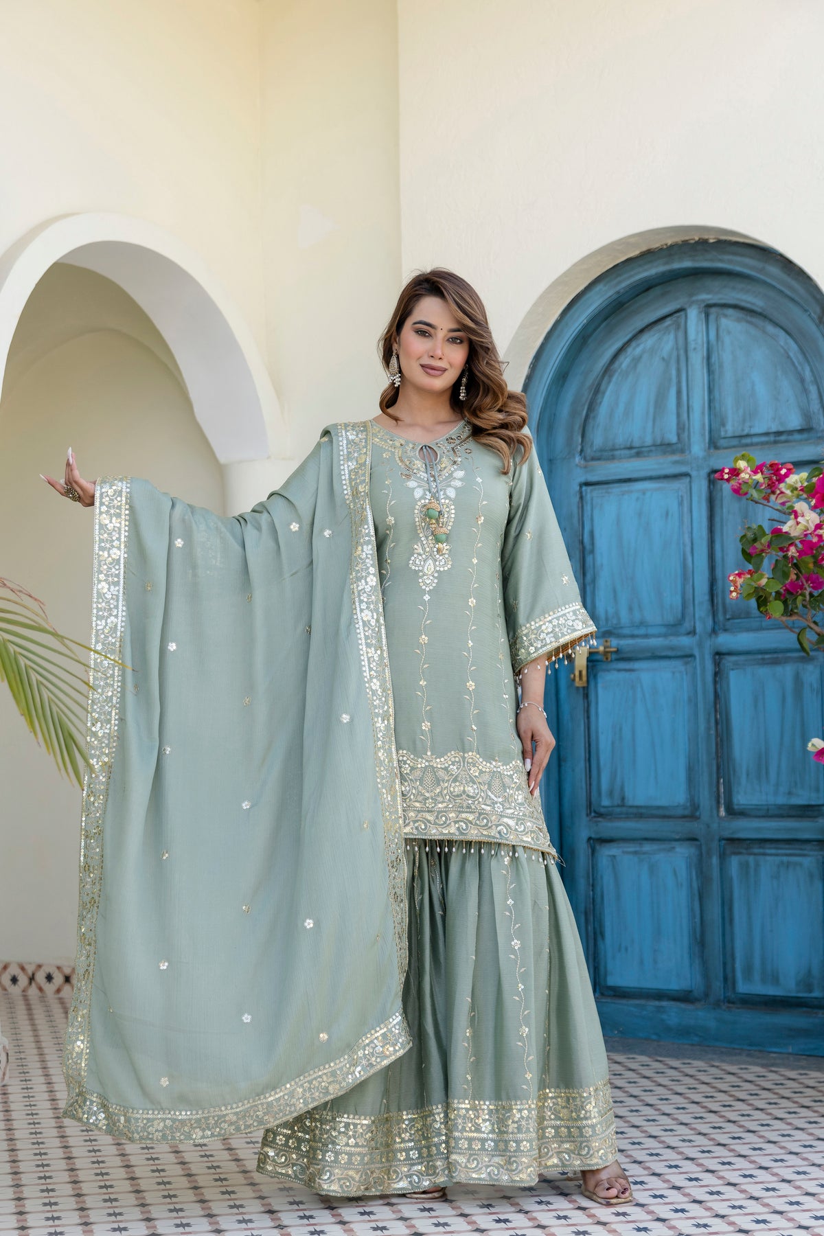 Designer Sage Green Chinon Kurti Sharara Dupatta Set