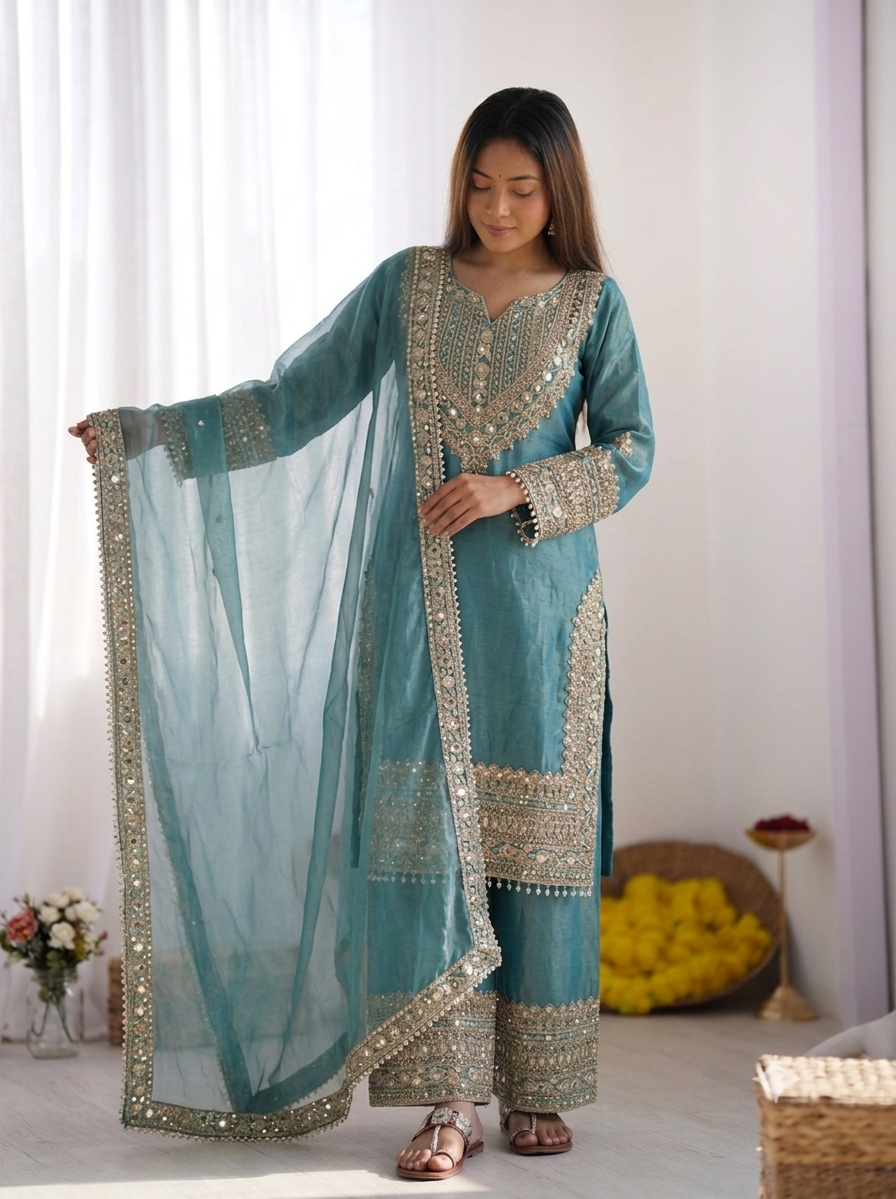 FAOTIVO Fendy Silk Kurti Sharara Dupatta Set